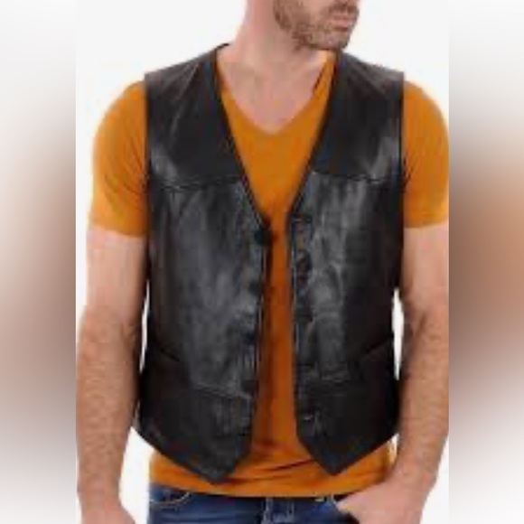 Bonus Western Men Vest Sz 50 Black Genuine Leather Sleeveless Button Down - Picture 2 of 11